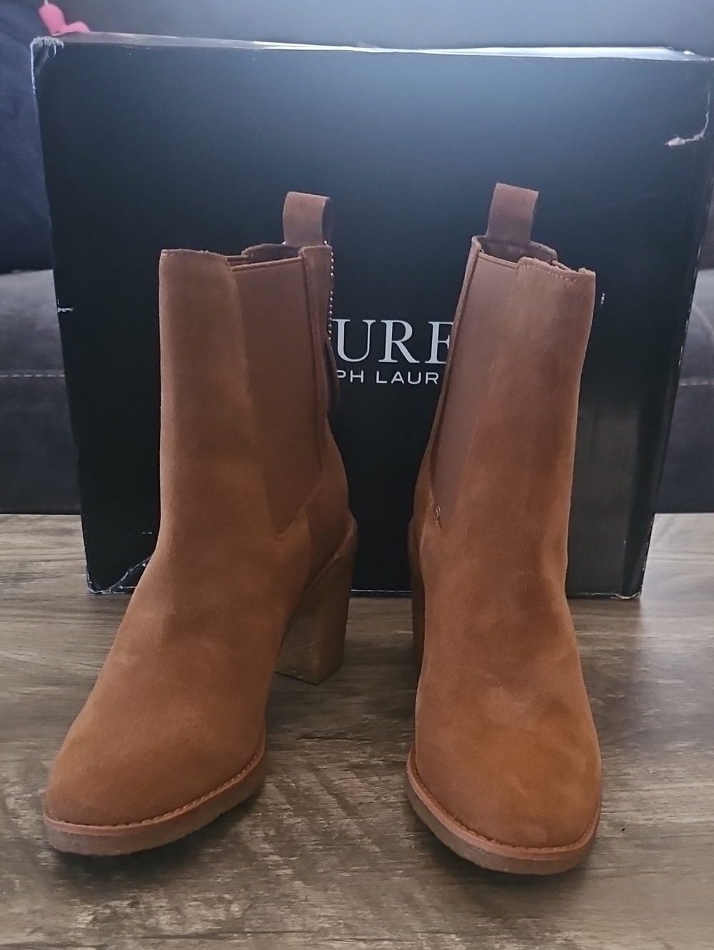 Lauren Ralph Lauren Whiskey Brown Suede Block Heel Chelsea Ankle Boots